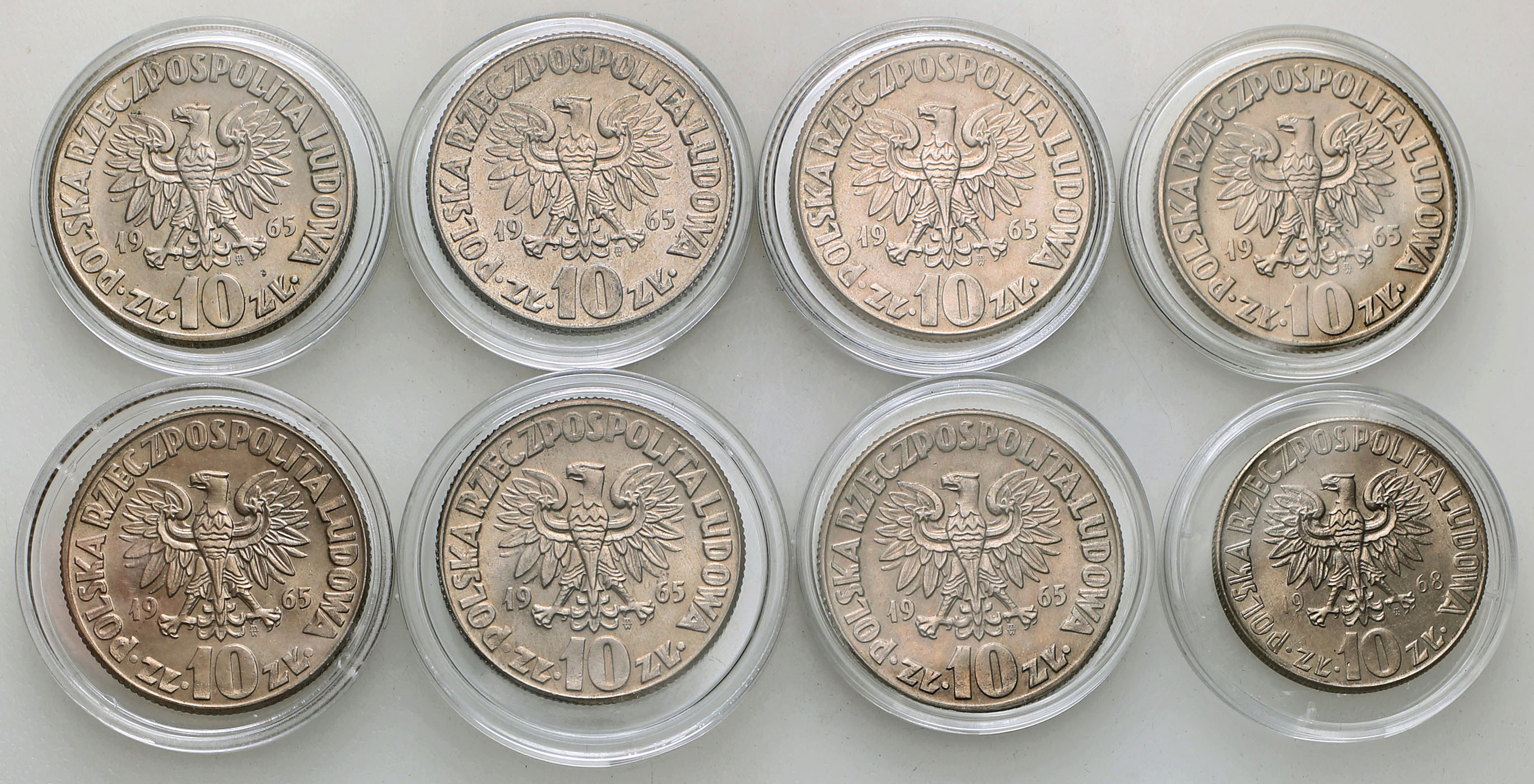 PRL. 10 złotych 1965-1968 Kopernik, zestaw 8 monet